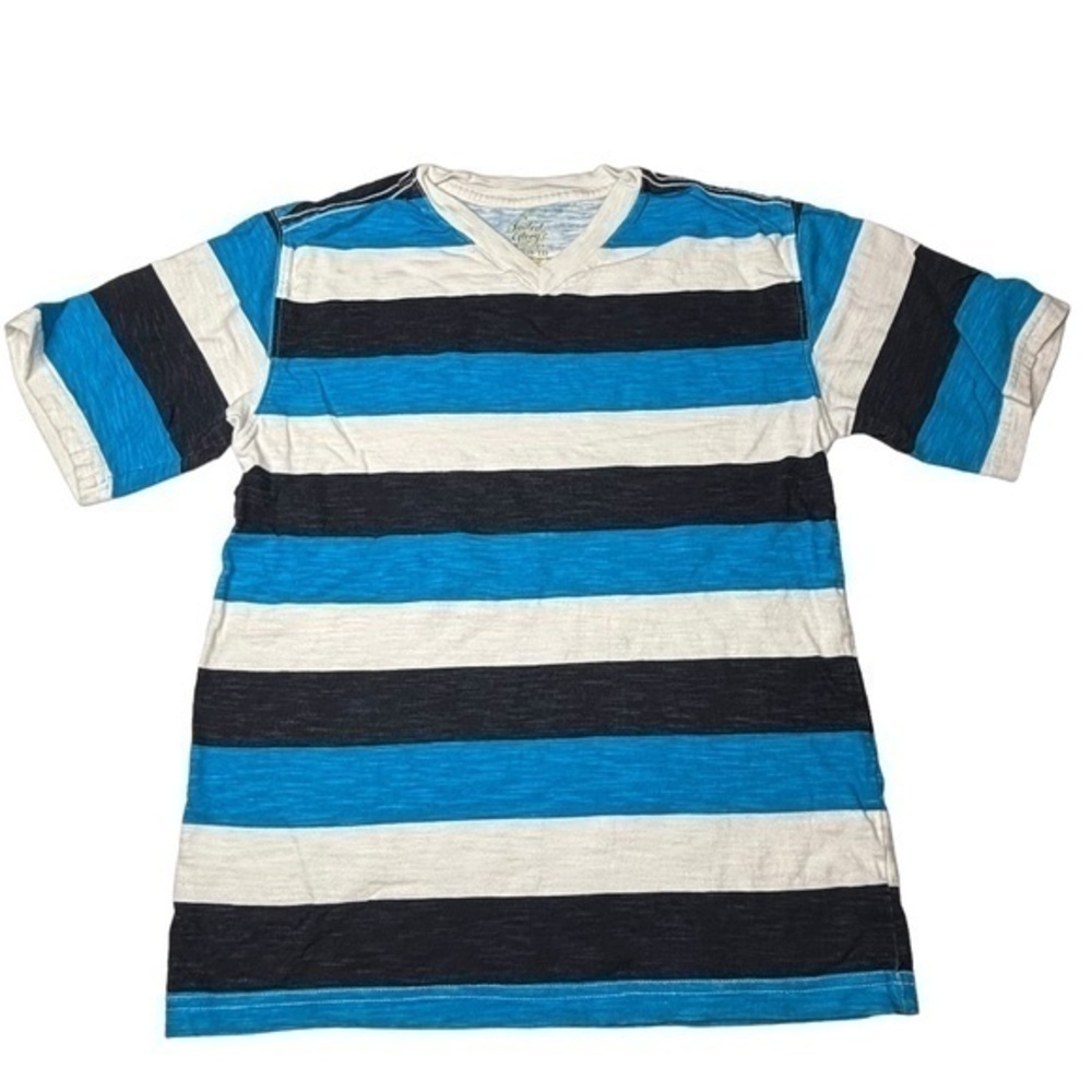 Faded Glory Boys Top Size L 10 12 Blue White Black Striped V Neck Short Sleeve